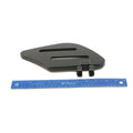 Flat black right passenger floorboard for motorcycle with two mounting brackets and ventilation slots, shown next to a blue.