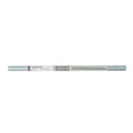 Silver metal swingarm pivot shaft with label and threaded ends for motorcycle use.
