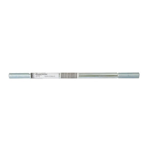 Silver metal swingarm pivot shaft with label and threaded ends for motorcycle use.