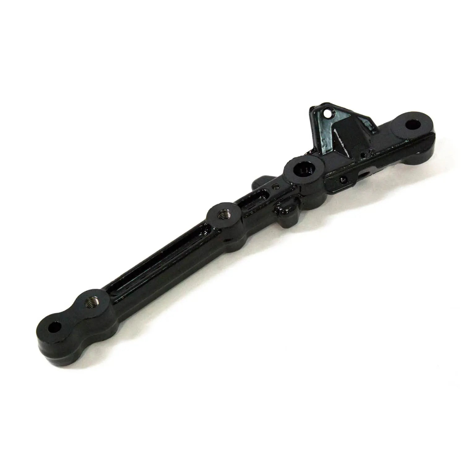 Black metal engine cradle with mounting holes and a reinforced bracket section.
