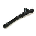 Black metal engine cradle with mounting holes and a reinforced bracket section.
