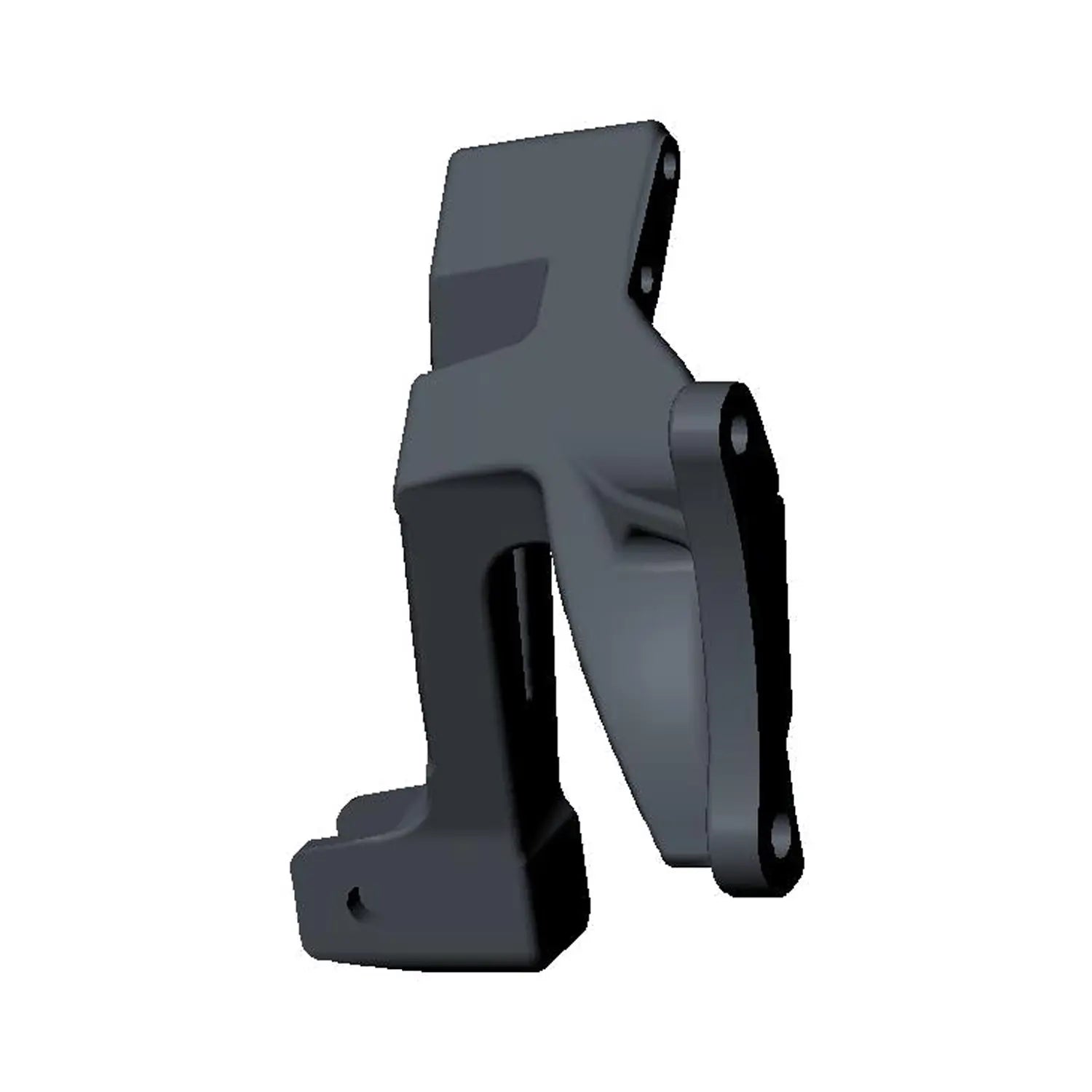 Flat black metal motorcycle passenger foot peg mount with angular design and two mounting holes.