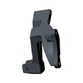 Flat black metal motorcycle passenger foot peg mount with angular design and two mounting holes.