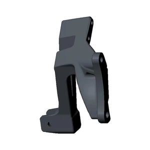 Flat black metal motorcycle passenger foot peg mount with angular design and two mounting holes.