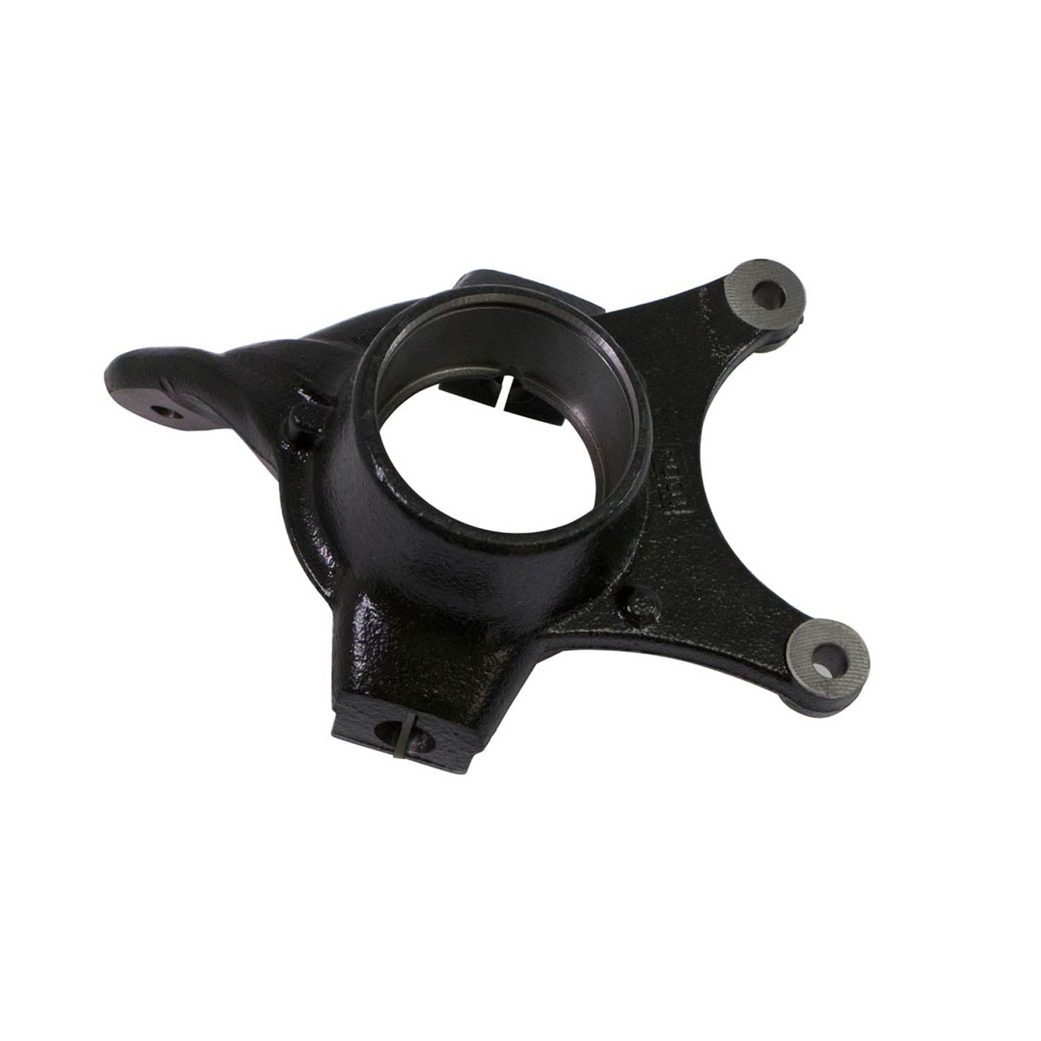 Black machined metal front steering knuckle with circular central hub and three mounting points.