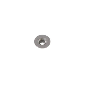 Silver metal valve retainer with a central hole and smooth, slightly rounded edges.