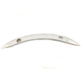 Curved chrome metal fender strut cover with two mounting holes and smooth polished finish.