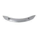Chrome curved metal fender strut cover with two mounting holes for cruiser motorcycle.