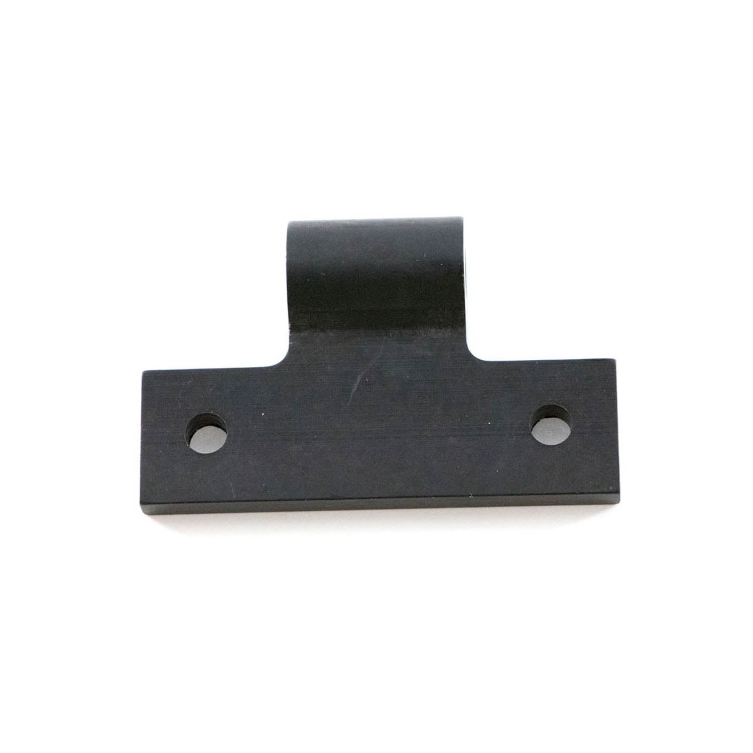 Black metal windshield clevis bracket with two mounting holes and a curved central clamp section.