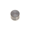 Silver metallic cylindrical valve tappet with smooth flat top surface.