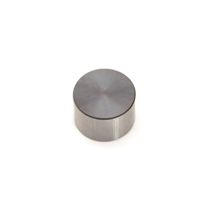 Silver metallic cylindrical valve tappet with smooth flat top surface.
