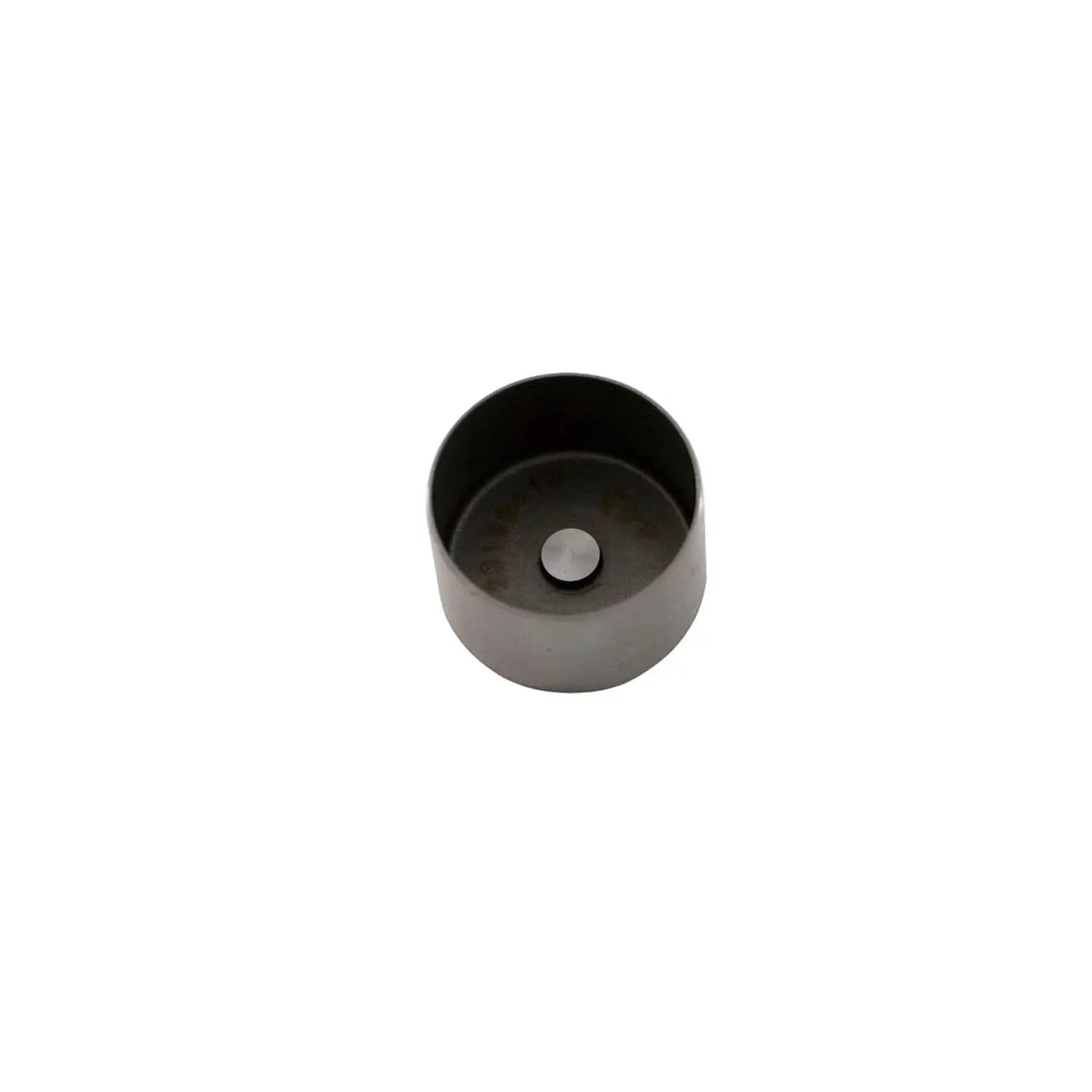 Black cylindrical metal valve tappet with a central silver circular feature inside.