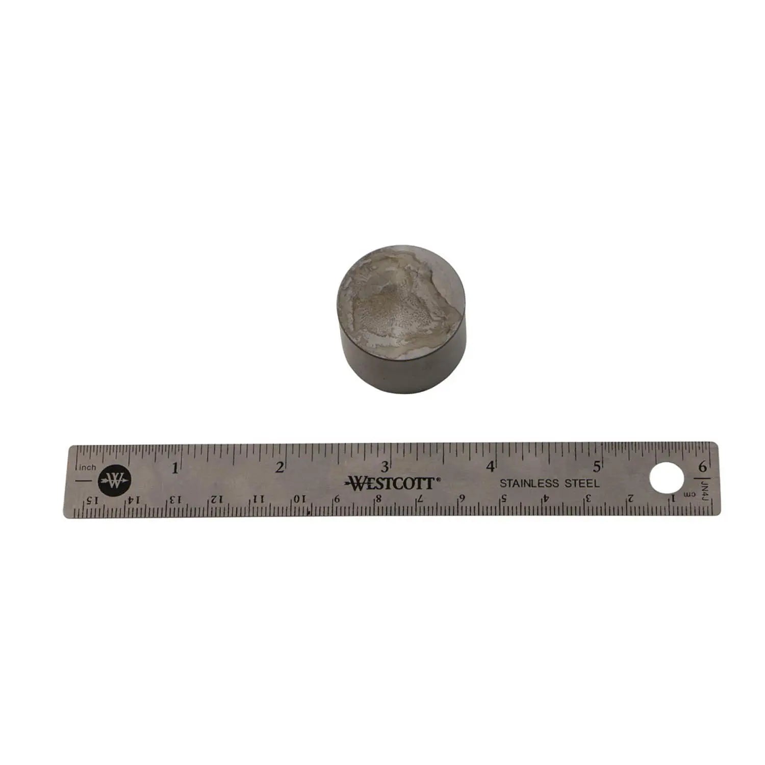 Metal valve tappet with a flat top next to a 6-inch metal ruler for size reference.
