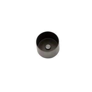 Black cylindrical metal valve tappet with a central silver circular feature inside.