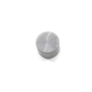 Cylindrical metal valve tappet with smooth, flat top and polished finish.