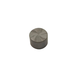 Metallic cylindrical valve tappet with flat smooth top surface, polished finish.