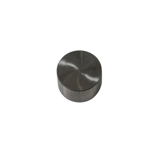 Round metal valve tappet with a smooth machined surface in silver-gray finish.