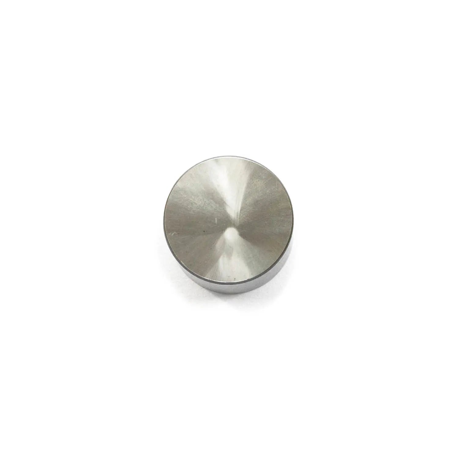 Round polished metal valve tappet with smooth flat top surface and cylindrical body.