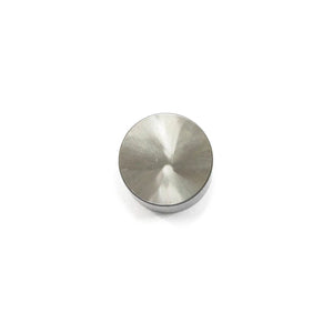 Round polished metal valve tappet with smooth flat top surface and cylindrical body.