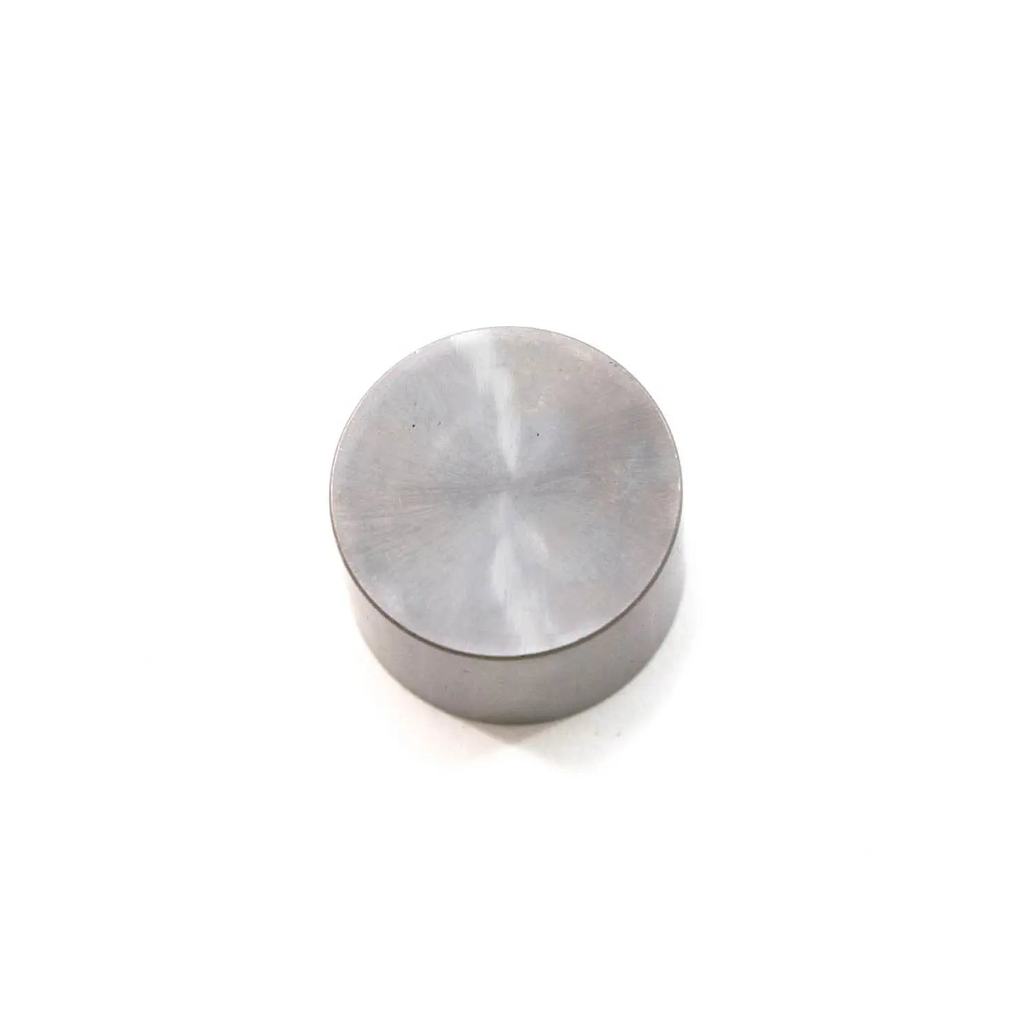Round metal valve tappet with smooth flat top and cylindrical body, silver-gray finish.