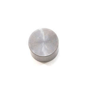 Round metal valve tappet with smooth flat top and cylindrical body, silver-gray finish.