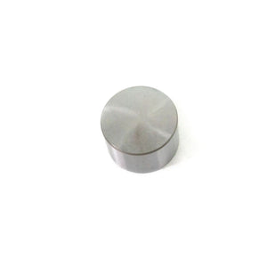 Round polished metal valve tappet with smooth flat top and cylindrical body.