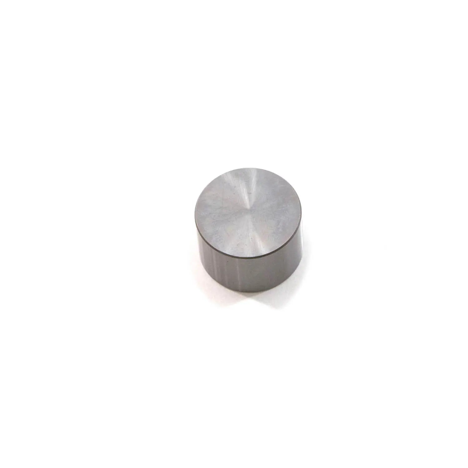 Small cylindrical metal valve tappet with flat, circular top and smooth, shiny surface.