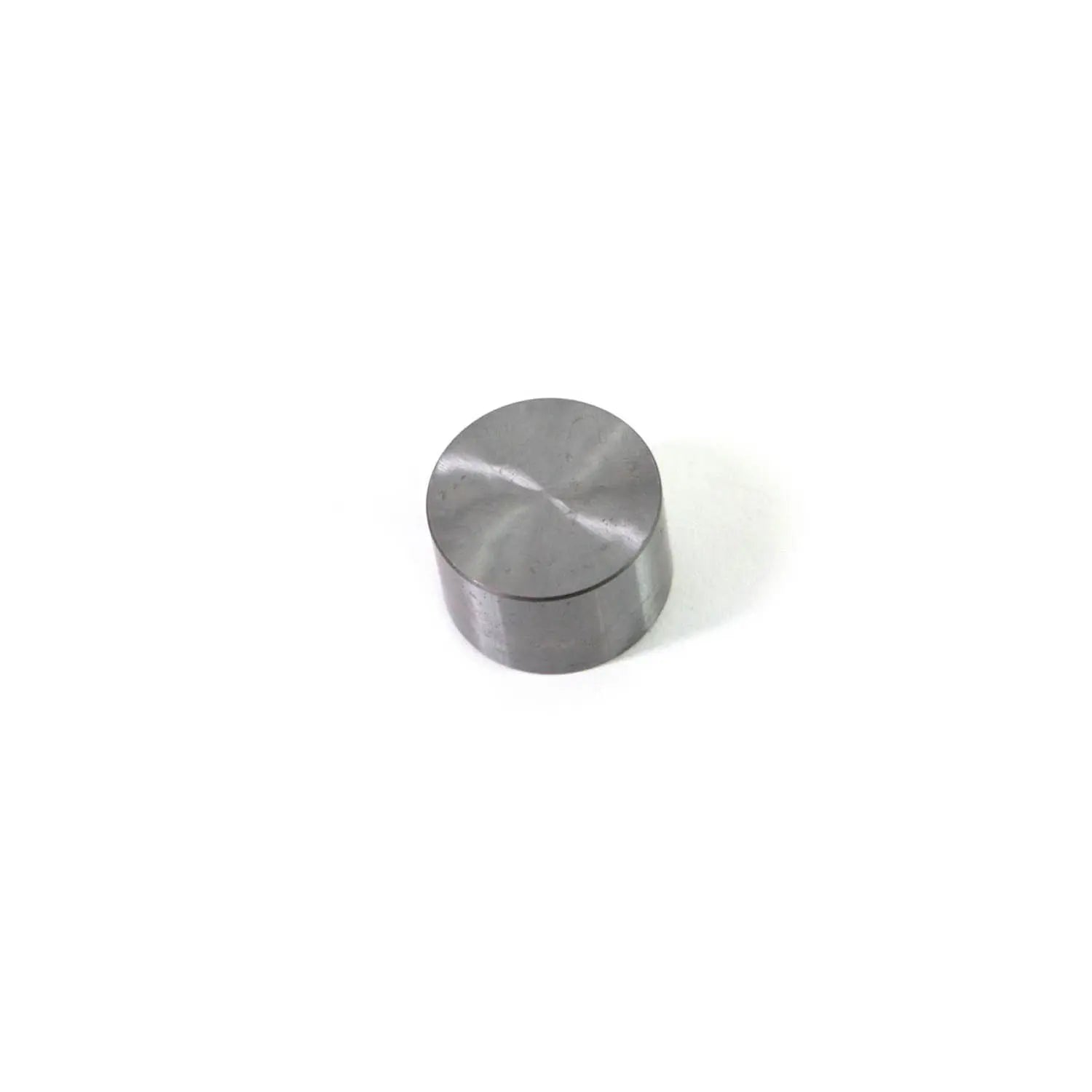 Round metallic valve tappet with smooth, polished silver-gray finish and flat top surface.