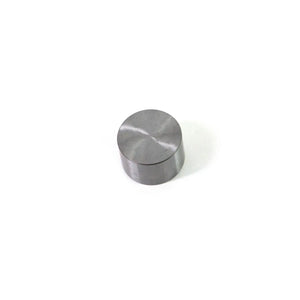 Round metallic valve tappet with smooth, polished silver-gray finish and flat top surface.
