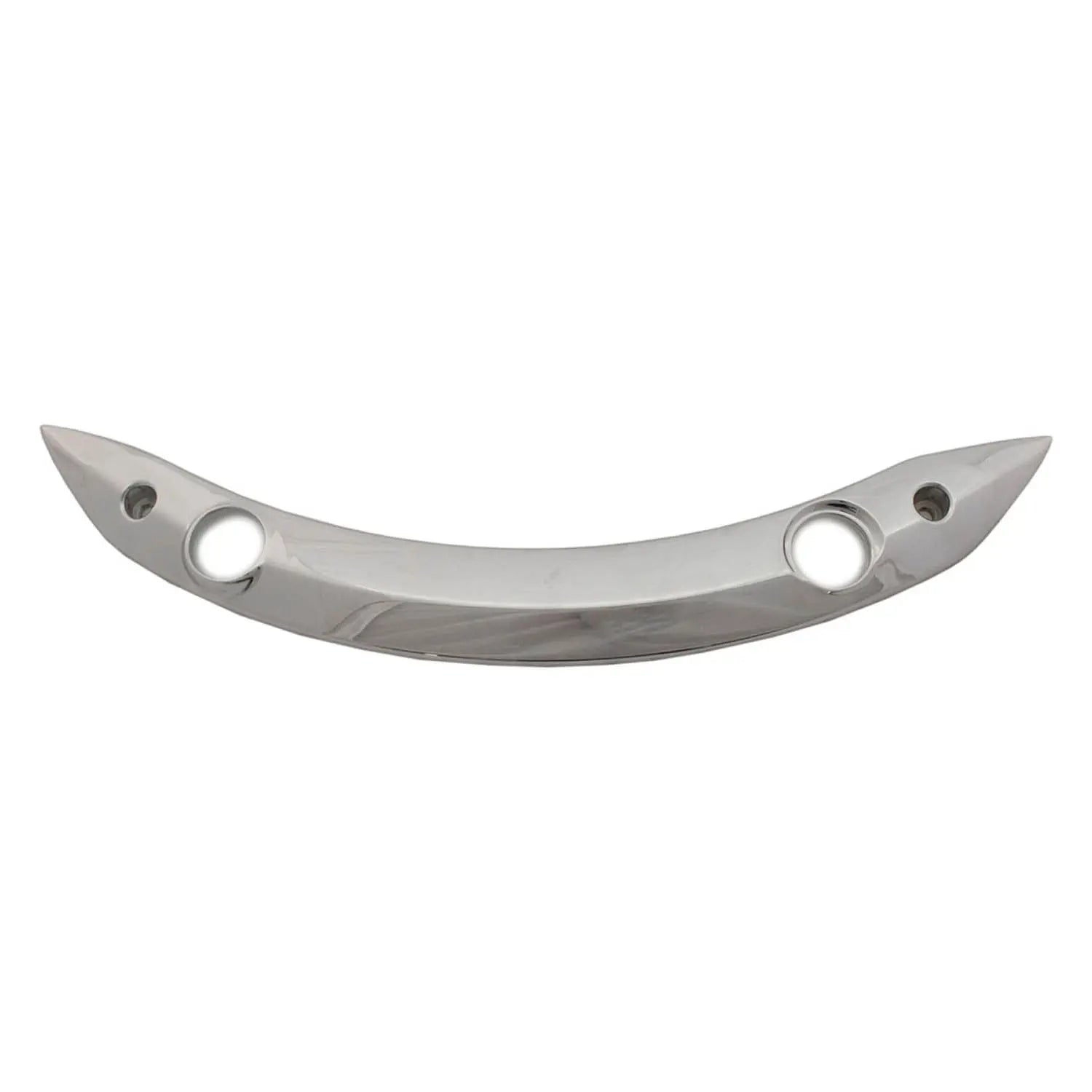 Chrome curved fender strut cover with three mounting holes and smooth polished finish.