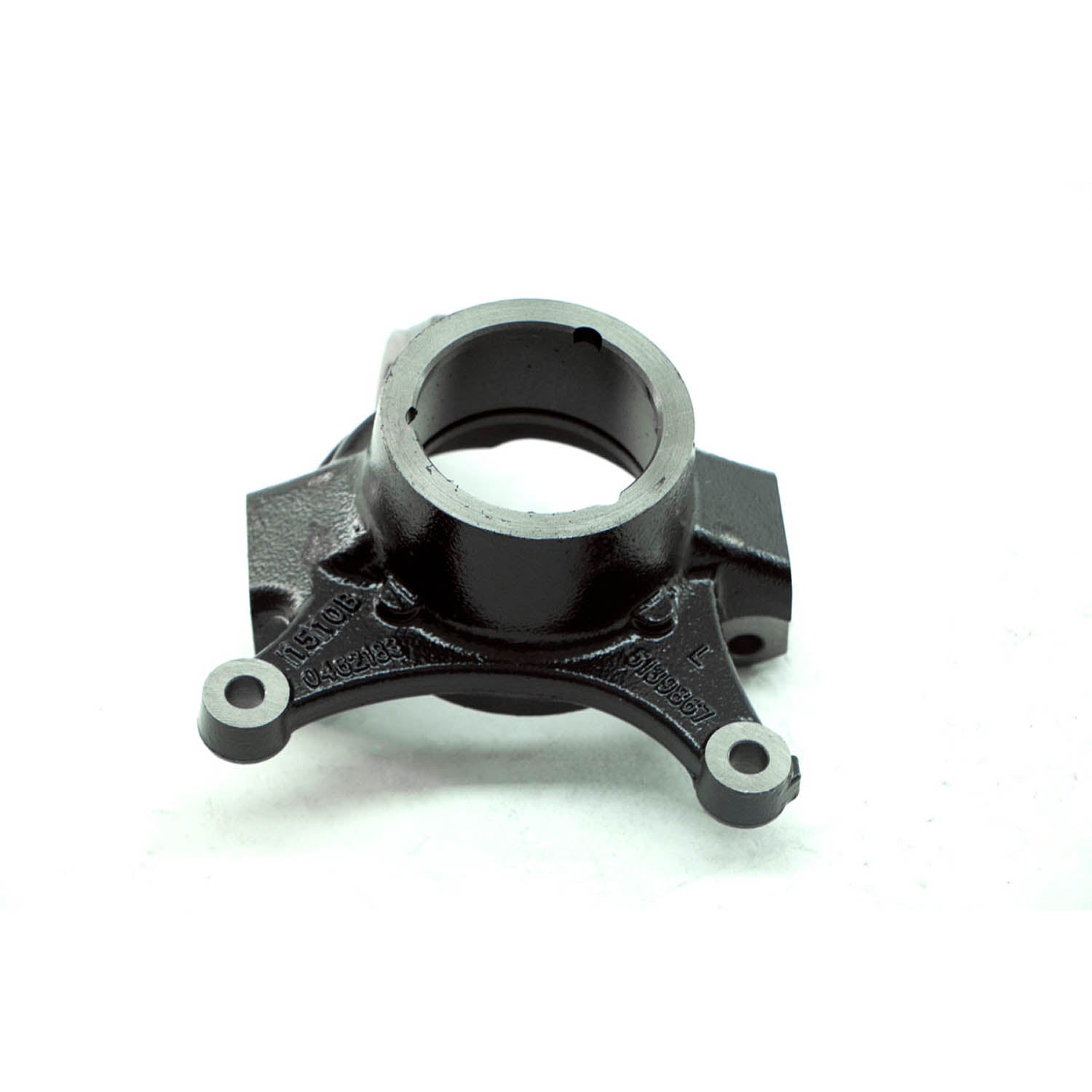 Black metal front steering knuckle with circular central opening and three mounting holes.