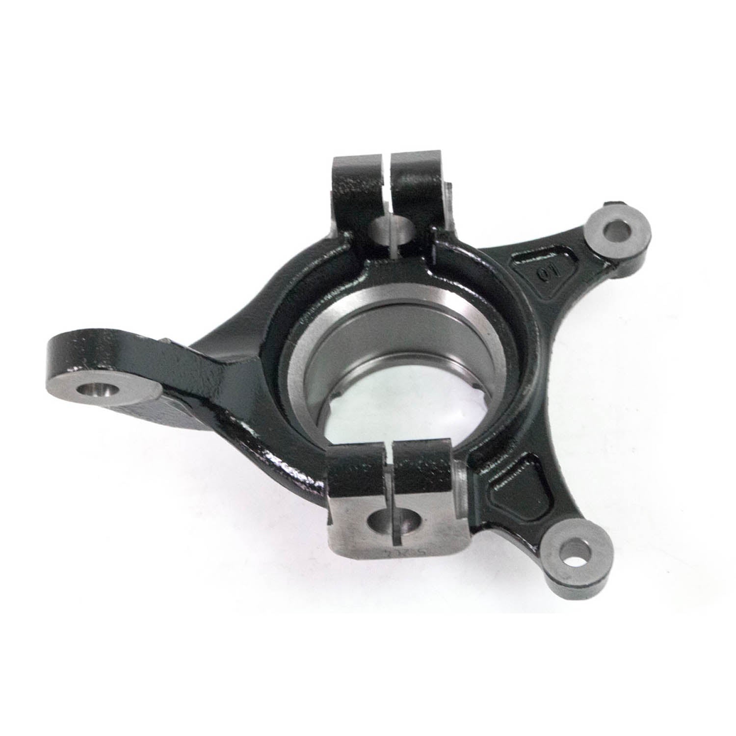 Black metal front steering knuckle with round central bearing housing and three mounting points.