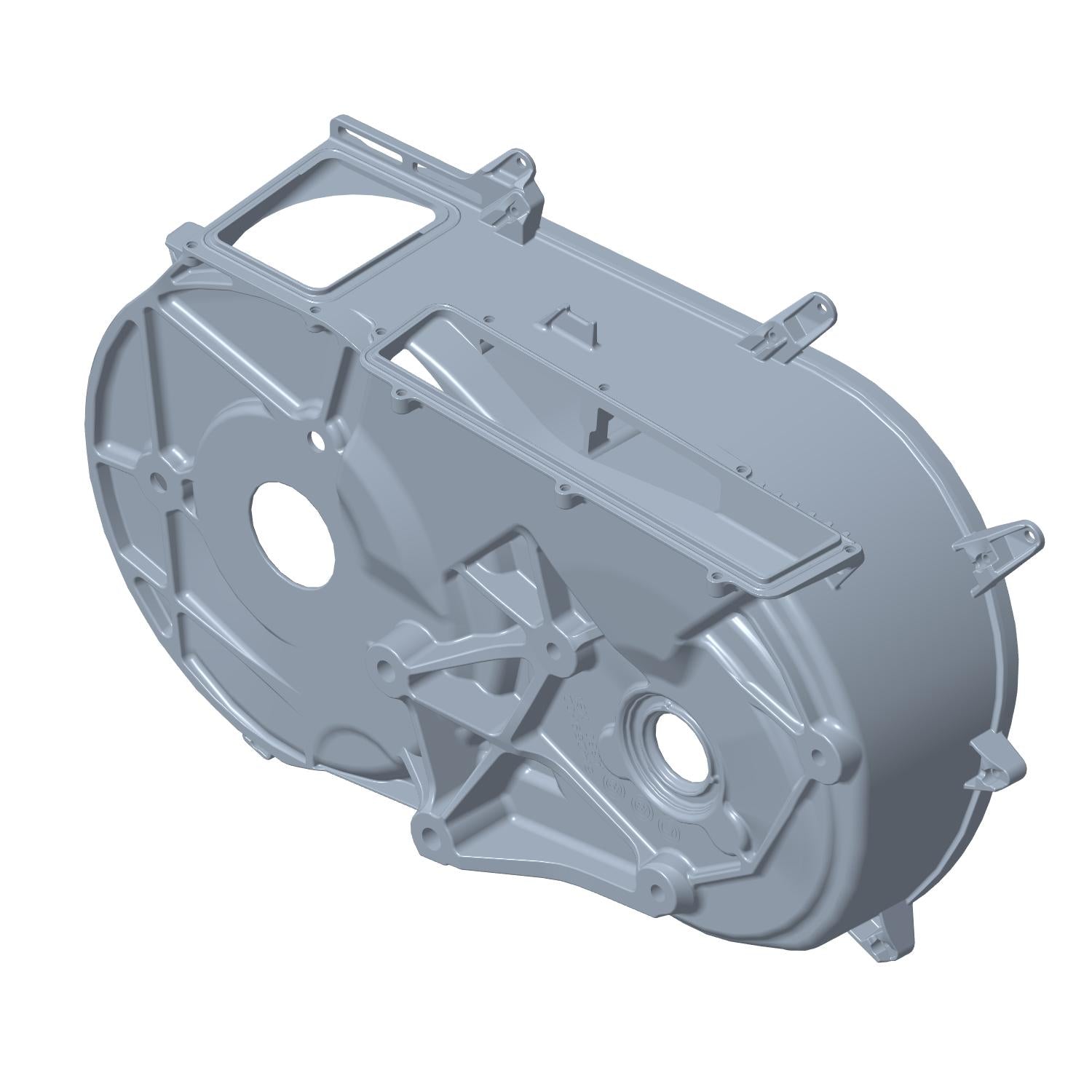 Gray metal inner clutch cover with multiple mounting points and circular openings for Polaris UTV.