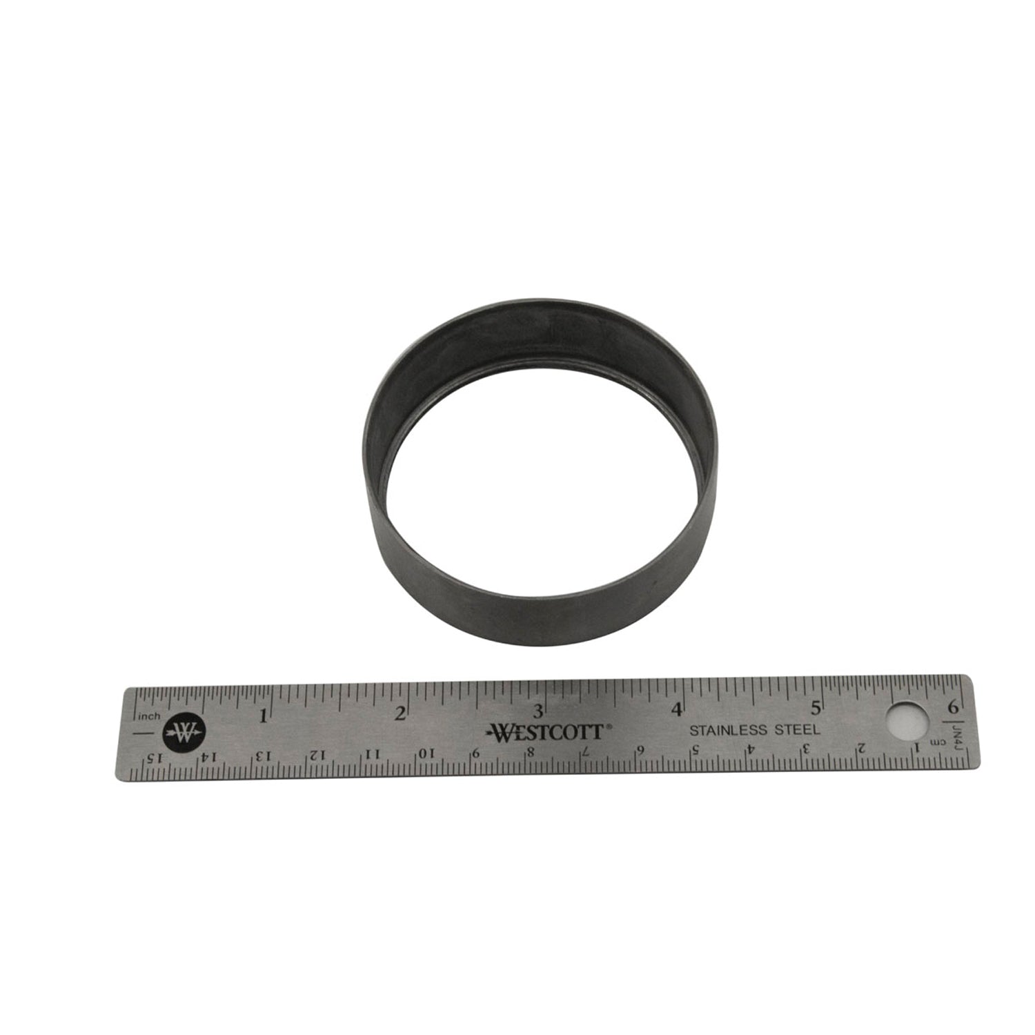 Black circular rubber seal sleeve shown next to a 6-inch metal ruler for size reference.