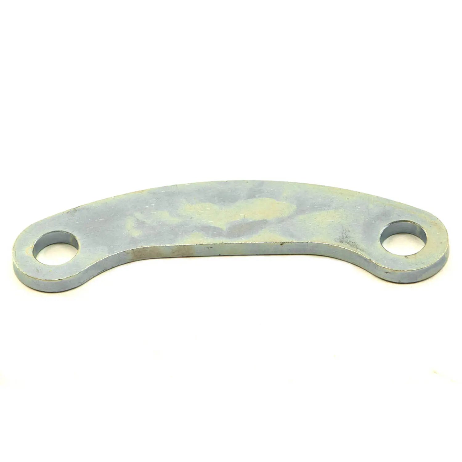 Curved metal suspension link strap with two circular mounting holes on each end, silver-gray finish.