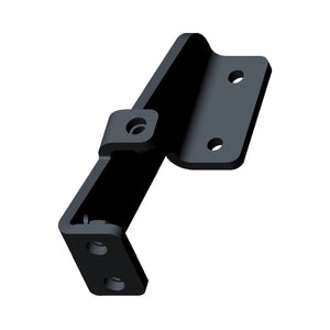 Black metal rear bumper bracket with multiple mounting holes and angled design.