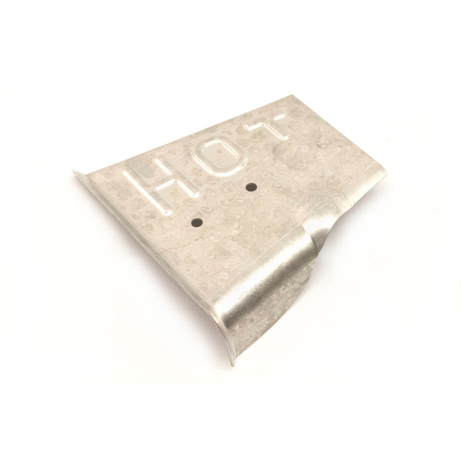Silver metal manifold shield top with raised "HOT" text and two small holes.