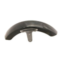 Glossy black curved motorcycle front fender with metal mounting bracket.
