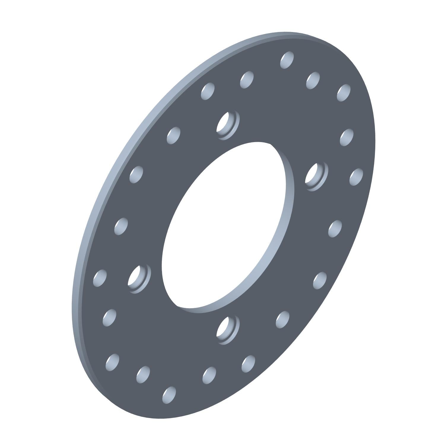 Round metallic brake rotor with multiple evenly spaced holes and a central mounting opening.