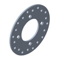 Round metallic brake rotor with multiple evenly spaced holes and a central mounting opening.