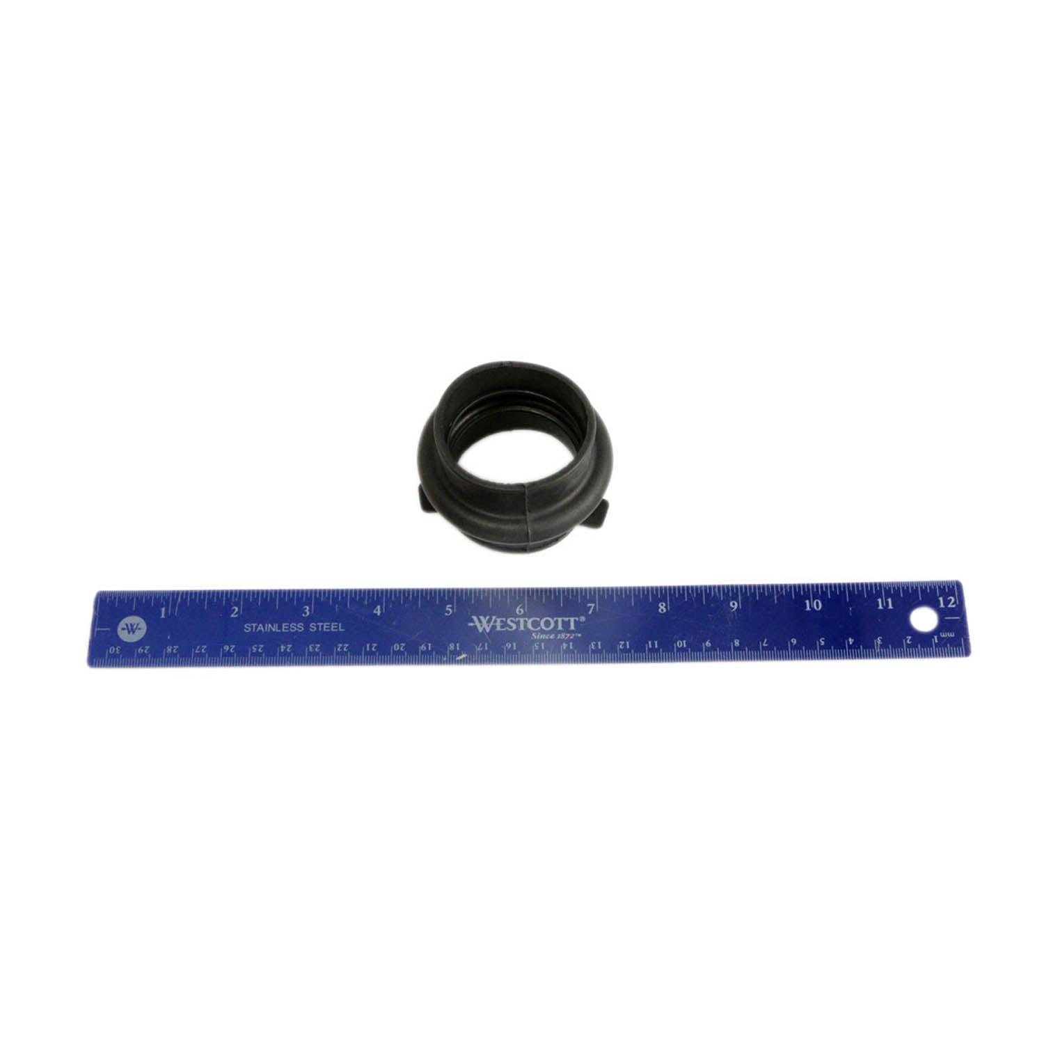 Black rubber clutch intake boot with ridged flexible design, shown next to a 12-inch blue ruler for scale.