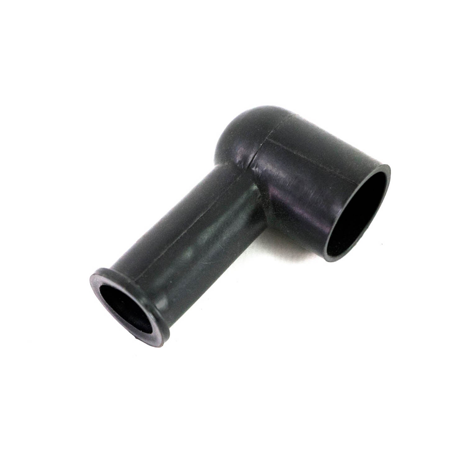Black rubber L-shaped brake line boot with smooth finish and flared ends.