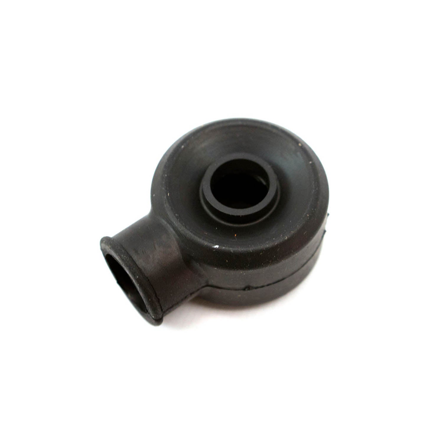 Black rubber boot-seal rod end with circular center hole and angled sleeve extension.