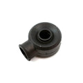 Black rubber boot-seal rod end with circular center hole and angled sleeve extension.