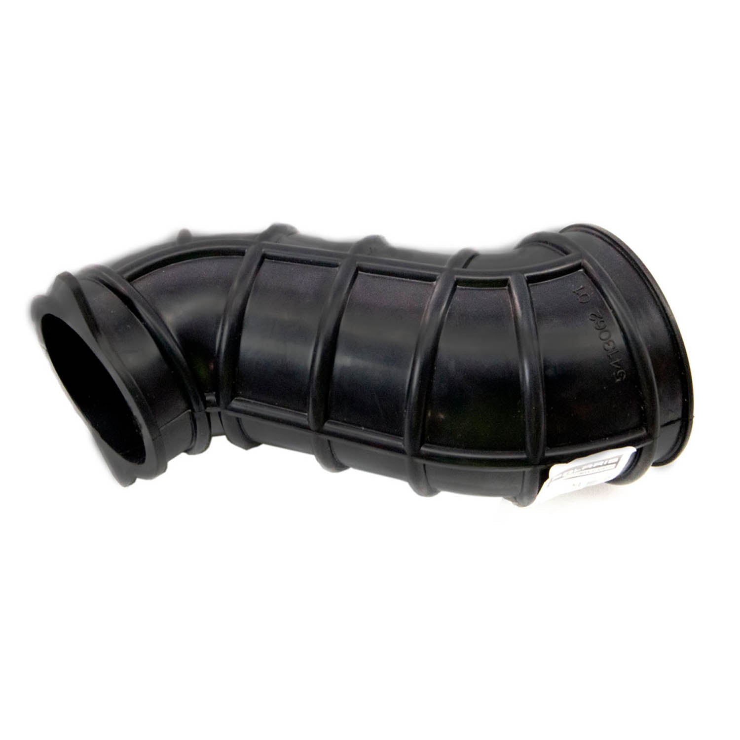 Black ribbed rubber intake boot with curved shape and wide openings on both ends.