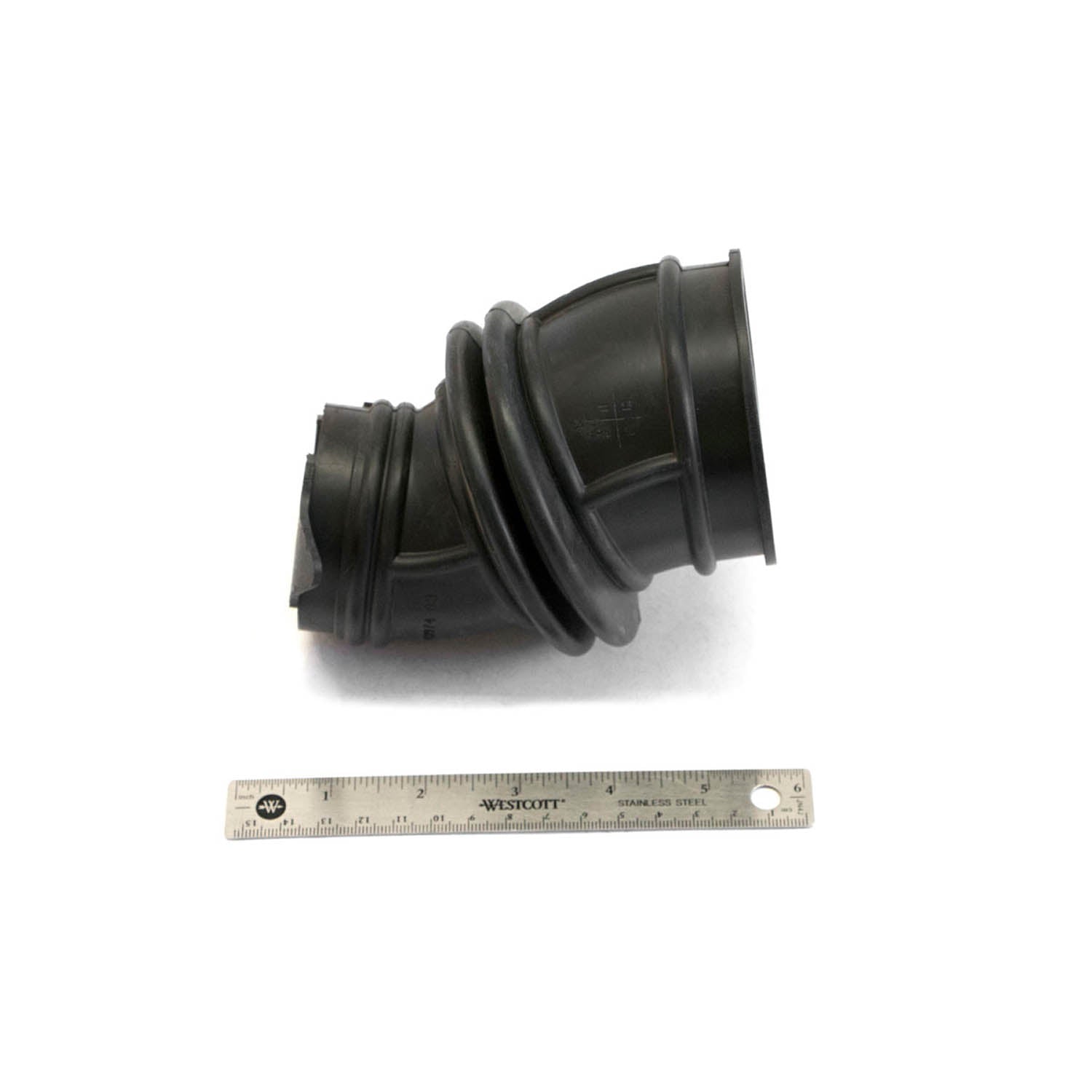 Black rubber throttle body boot with ribbed flexible design, slightly angled shape, about 7 inches long with flared ends.