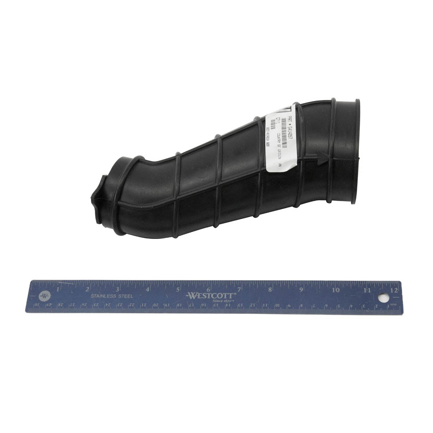 Black rubber airbox boot with ridged sections and tapered ends, about 10 inches long alongside a blue ruler.