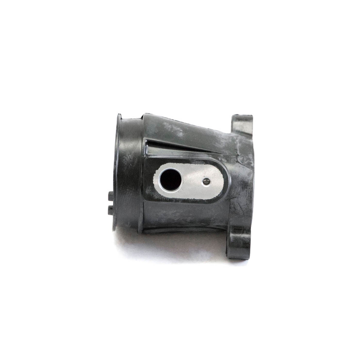 Black cylindrical throttle body adapter with a central circular opening and mounting flange.