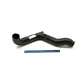Black molded plastic airbox intake duct with curved shape, shown next to a blue ruler for scale.