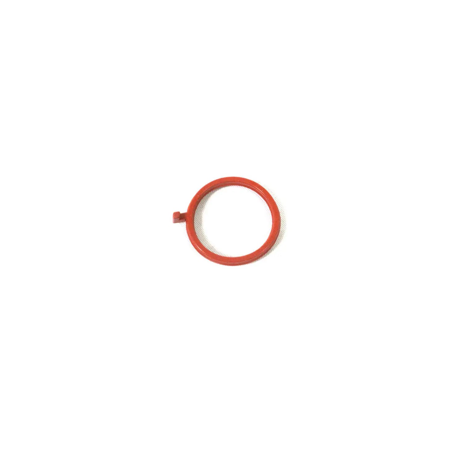 Red circular cam carrier seal with smooth surface and small external tab.